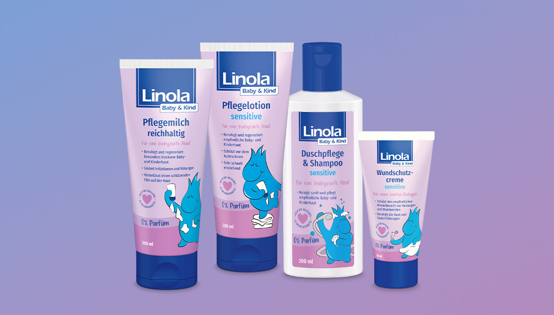 Display of all Linola Baby and Child Products for Baby Care, 200 ml Bottle Sensitive Shower Gel and Shampoo, 200 ml Cream Tube Body Lotion sensitive, 200 ml Cream Tube Rich Care Lotion, 50 ml Cream Tube sensitive Nappy Rash Cream